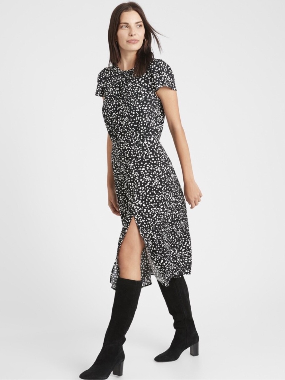 Banana Republic Black and White Printed Midi Dress with Side Slit